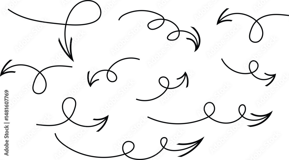 Aufkleber set of thin line curve arrow. hand drawn direction arrow vector illustration.