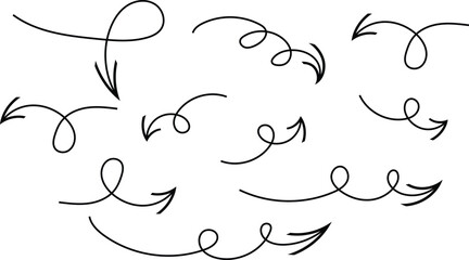 set of thin line curve arrow. hand drawn direction arrow vector illustration.