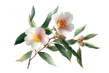 Obraz premium Delicate floral spray of pale pink and white camellia blossoms.