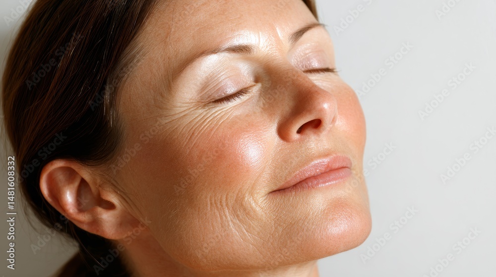 Poster Sunlight softly illuminates the closed eyelids of a person meditating, highlighting serene features and evoking a sense of calm and introspection