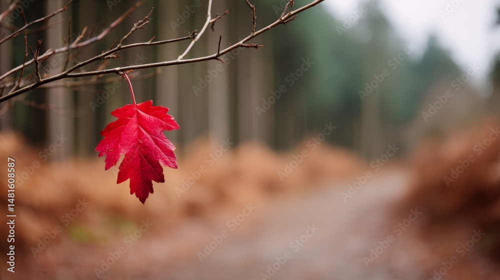 Poster a vibrant red leaf clings to a thin branch, surrounded by a softly blurred backdrop of golden-brown 