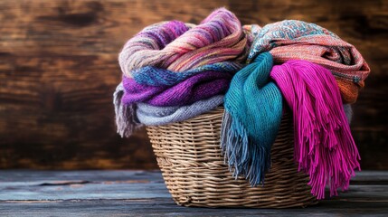 Colorful scarves neatly folded in wicker basket warm winter accessory collection wooden background knitted fashion textiles soft cloth stoles 