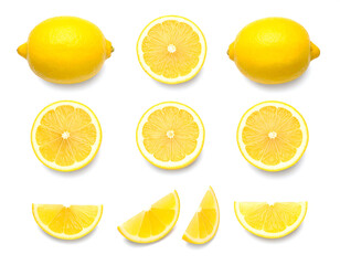 Fototapeta premium Fresh whole and sliced lemons on white background