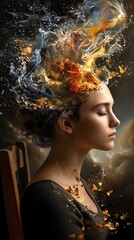 A thought-provoking image displaying the internal chaos represented by flames and water, conveying deep emotions and reflections.