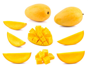 Fototapeta premium Fresh whole and sliced mangoes on white background