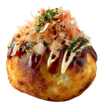 A single takoyaki ball, a delicious Japanese street food, topped with mayonnaise, takoyaki sauce, bonito flakes, and green onions. It's perfectly browned and looks incredibly appetizing.