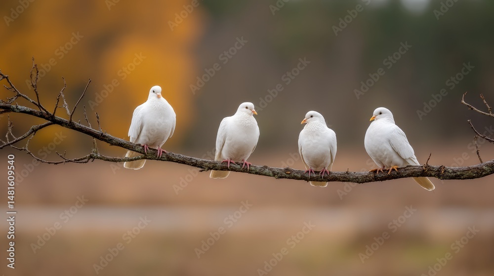 Poster four white doves are standing in a line on a branch, surrounded by a softly blurred natural backdrop