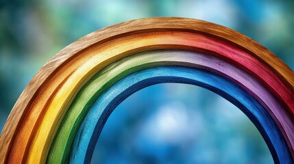 Close Up Colorful Wooden Rainbow Arc Against Blurred Teal Green Background