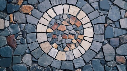 Stone mosaic wall art: circular tile design on rough texture 