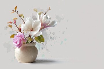 Delicate arrangement of magnolia and rose blooms in a vase.