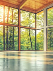 Fototapeta premium Modern House Interior with Large Windows Overlooking Forest View from Inside in Sunny Day High Angle