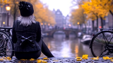 Woman sitting by canal in autumn city