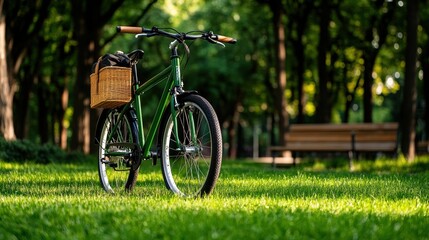 Fototapeta premium Green bicycle with wicker basket parked on grass in a sunny park with trees and benches blurred behind.