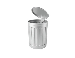 A metal trash can with the lid open