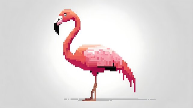 2D pixel art of a flamingo standing, 8-bit sprite, white background