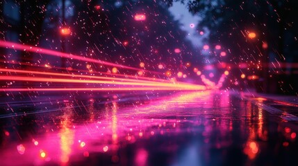 Rainy night city street with vibrant light trails