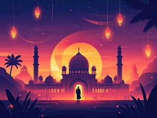 Silhouette of a solitary figure at dusk before a majestic mosque.