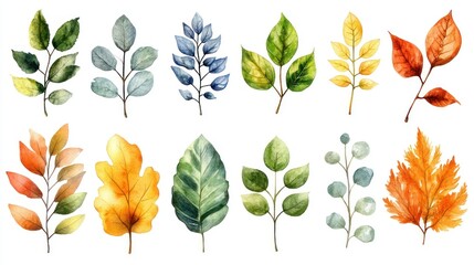 A Diverse Collection of Watercolor Painted Leaves in Various Hues and Shapes for Artistic Design
