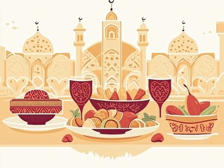 Festive meal scene with a mosque backdrop.
