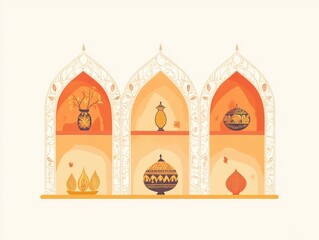 Ornate alcoves display decorative pottery and natural elements.