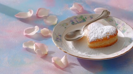 Heart-shaped pastry dusted with powdered sugar rests on a porcelain plate, adorned with scattered rose petals, set against a soft pastel background
