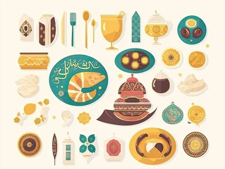 Colorful islamic feast display of traditional food and tableware.