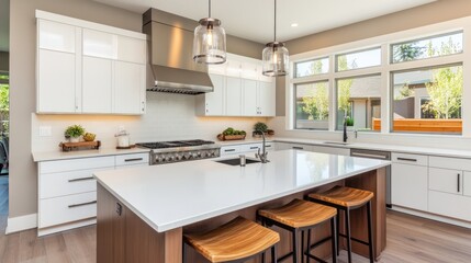 Fototapeta premium Modern Kitchen Design with White Cabinets and Island