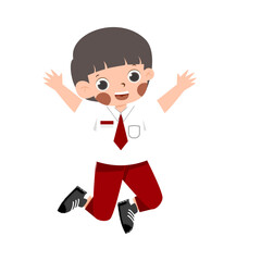 Joyful Schoolboy, Red and White Uniform, Leaping with Excitement, Cartoon Style, White Background.