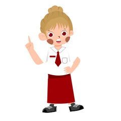 Blond-haired girl in school uniform, pointing up, cartoon illustration with red accents.
