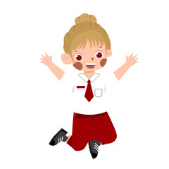 Joyful Girl Jumping: Cartoon Student in Uniform, Red Tie, Blonde Bun.