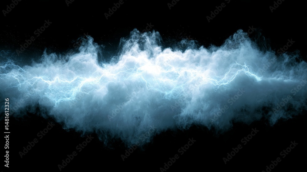 Poster thick black storm clouds dominate the sky, crackling with electric lightning, creating a dynamic and