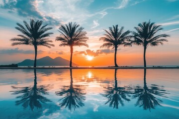 Sunset over palm trees reflected in a pool