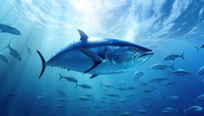 Naklejka premium Swarm of Bluefin Tuna in the middle of the blue ocean