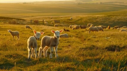 Fototapeta premium Lambs graze in golden sunset field