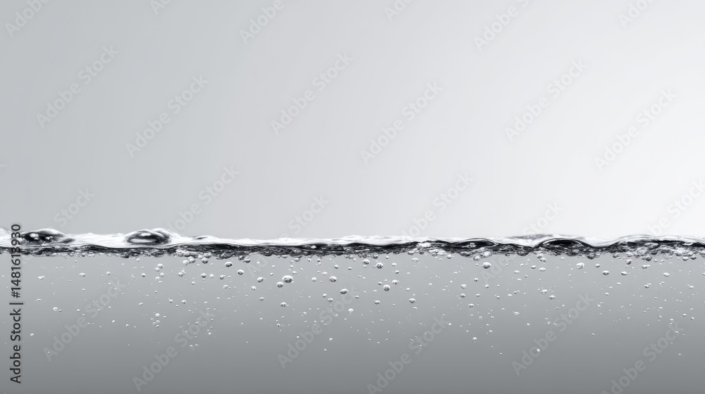 Poster fizzy beverage with bubbles rising to the surface captured in an extreme close-up against a light ne