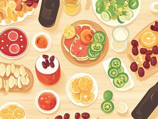 Colorful array of fruits, drinks, and snacks on a light-toned table.