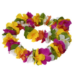 A vibrant floral garland, bursting with colorful blooms, arranged in a circular fashion, ready to be worn