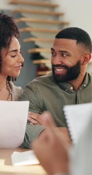 Happy couple, documents or meeting with financial advisor for finance agreement, proposal or home. Man, woman and consultant with paperwork for discussion, budget plan or mortgage settlement at house