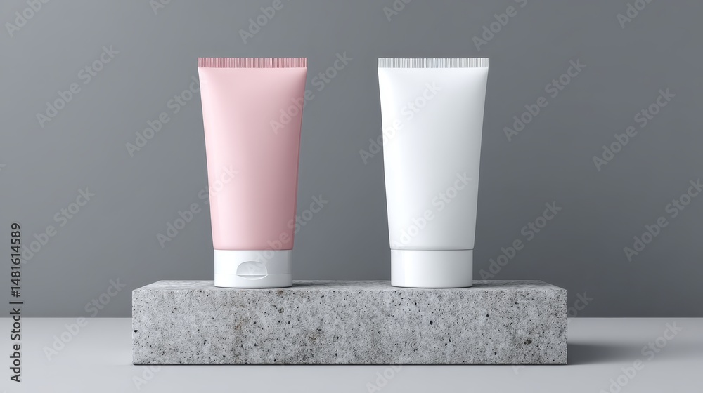 Aufkleber pastel pink and matte white tubes rest on a minimal stone platform, with diffused lighting enhancing