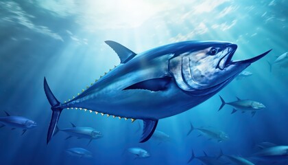 Obraz premium Swarm of Bluefin Tuna in the middle of the blue ocean