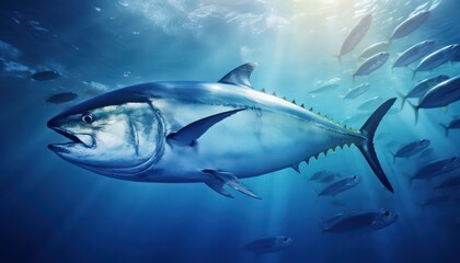 Naklejka premium Swarm of Bluefin Tuna in the middle of the blue ocean