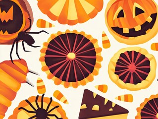 Halloween treats and spooky symbols, a festive pattern.