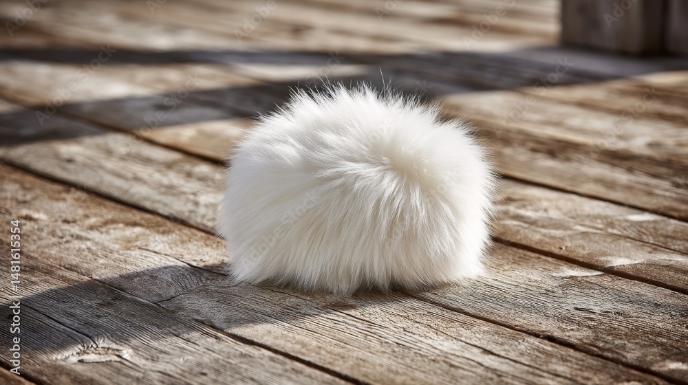 Poster a fluffy white cushion sits neatly on a raw wood tabletop, illuminated by soft sunlight that casts g