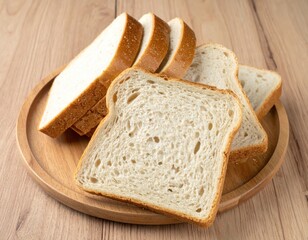 Five Slices of White Bread on a Wooden Plate