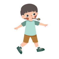 Cartoon boy balancing a spoonful of food while walking, isolated on white.