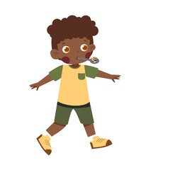 Cartoon Boy Walking, Whistle in Mouth, Casual Attire, Isolated on White.