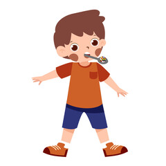 Cartoon Boy with Spoon in Mouth, Arms Outstretched, Isolated.