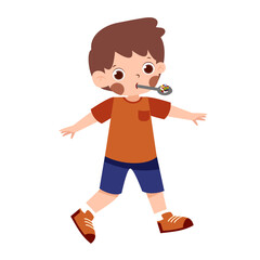 Boy with Whistle: Cartoon Illustration, Brown Hair, Orange Shirt, Blue Shorts, Cheerful Expression.