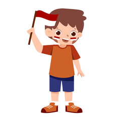 Joyful child waving a red and white flag, face painted with stripes, celebrating national pride.