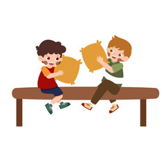 Playful Boys on Bench: Pillow Fight Fun, Cartoon Style Illustration.